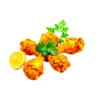 Crispy Fried Chicken Drumsticks with Lemon and Parsley Garnish A Delicious and Savory Meal png