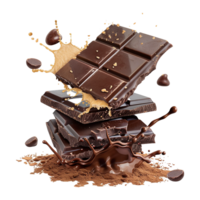 Delicious Dark Chocolate Bar with Cocoa Powder and Melted Chocolate Splashes png