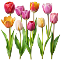 A close-up image of a set of colorful tulip flowers isolated on a white background. The tulips are in various poses and shades of pink, red, yellow, and orange. png