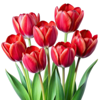 A close-up image of a bouquet of red tulips with green stems and leaves, isolated on a white background. png