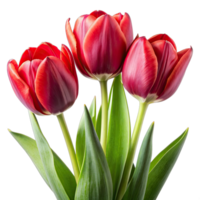 A close-up photograph of three red tulips with green leaves, isolated on a white background. png