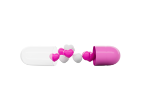 Open Pink And Glossy Capsule With Minimal Heart Shaped Pills Spilling Out. 3D Illustration png
