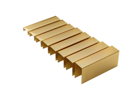 3D Illustration of a Series of Golden Metal Staple Pins Neatly Aligned in Parallel Rows png