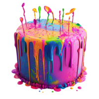 a colorful cake with paint dripping down transparent background png