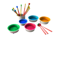 colorful paint and brushes in bowls on transparent background png