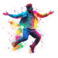a man jumping with colorful paint splatters transparent background png