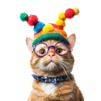 Cat wearing clown jester hat and glasses isolate on transparent background png