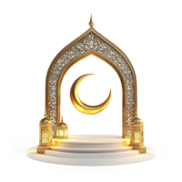 3d podium gold crescent and golden pedestal, of isolated Islamic background with ramadan lantern isolate on transparent background png