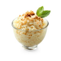 a bowl of rice pudding with a leaf on top png