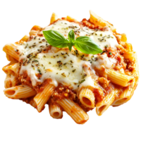 pasta with cheese and basil on a plate on transparent background. png