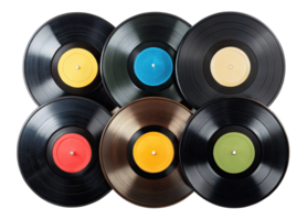 Collection of vinyl records with colorful labels stacked together isolated with transparent background. png