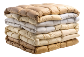 Stack of beige and white comforters isolated with transparent background. png