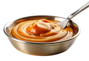 Bowl of caramel swirl sauce isolated with transparent background. png