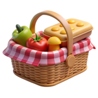 Picnic basket with fresh produce 3d render isolated on transparent png