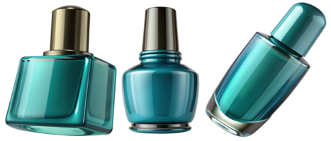 Three teal glass bottles 3d render isolated on transparent png