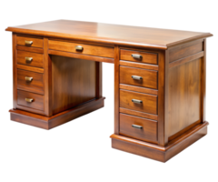 Large wooden desk with multiple drawers on a transparent background png