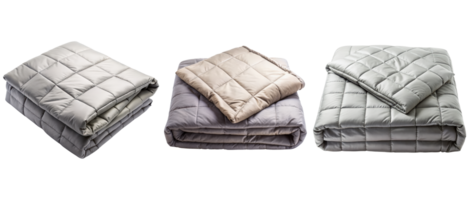 Three gray weighted blankets folded on a transparent background png
