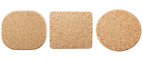 Three cork coasters in different shapes on a transparent background png