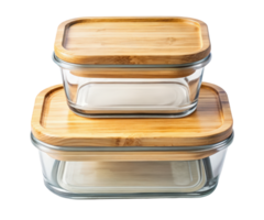 Two glass food containers with wood lids on a transparent background png