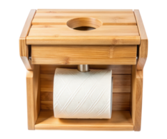 Bamboo toilet paper holder with shelf on a transparent background png