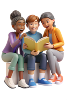 Three people sitting on a bench reading a book png