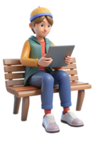 A boy sitting on a bench with a tablet png