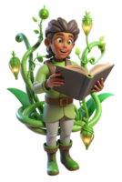 A cartoon boy reading a book with plants around him png