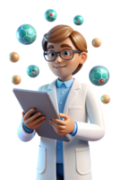 A man in a lab coat holding a tablet with a bunch of bubbles floating around him png
