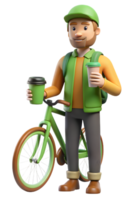 A man with a green bicycle and a cup of coffee png