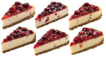 A set of cheesecake slices with cherries on a white background. photo