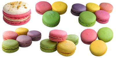 A collection of colorful macaroons in isolation on a white photo