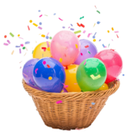 balloons in a basket with confetti on a transparent background png