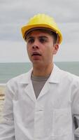 Engineer Angry About Bad Work Done By Workers Nervously Scolding Them On Beach video