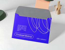 A vibrant blue envelope mockup features a minimalist design and text detailing its use as office stationery psd