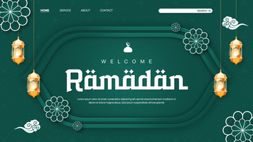 Welcome Ramadan Landing Page Banner Template Design With Islamic Pattern Background in Green Theme psd