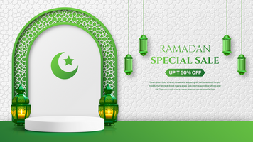 Realistic Islamic Background With Product Display For Web Banner Green and White Theme psd