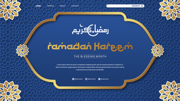 Ramadan Kareem Banner Template Design for Landing Page with Islamic Pattern in Blue psd