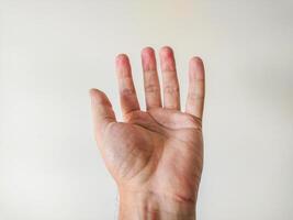 Closeup of a male hand open against a neutral background. The image is clean, simple, and perfect for illustrating concepts of giving, receiving, or human connection. photo