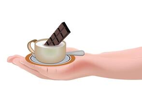 A hand holding a cup of coffee and a chocolate bar vector