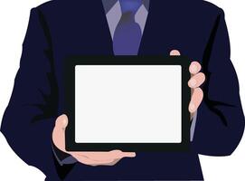 A man in a suit holding a tablet computer vector