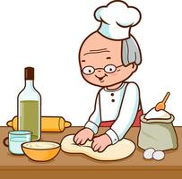 Baker making bread in the bakery kitchen. Professional chef cooking, kneading pastry or dough in the kitchen, working in the bakery. vector