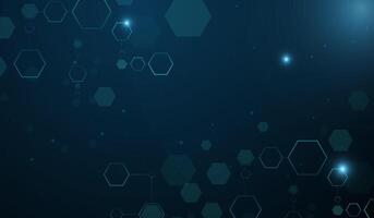 A dark blue background, symbolizing digital connectivity, blockchain, and futuristic technology. Hexagons shapes with a neon blue background. vector