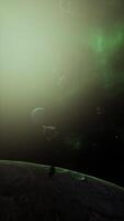 a large cluster of asteroids near an unknown planet, vertical video