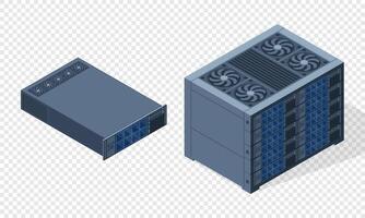 Isometric server. Server racks. Server boxes isolated. Network server room. Computer network technology, illustration. vector