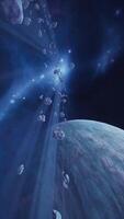 a large cluster of asteroids near an unknown planet, vertical video