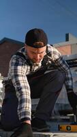 Worker Adjusting Pavement Bricks with Hammer video