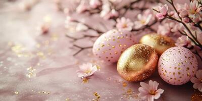 Decorative Easter eggs with gold accents and cherry blossom branches on a soft pink background in vibrant spring setting photo