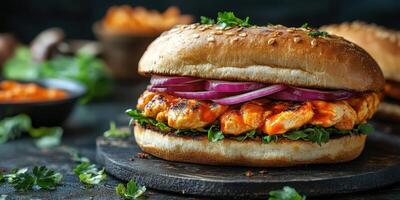 Juicy grilled chicken sandwich with fresh vegetables and spicy sauce on a sesame seed bun photo