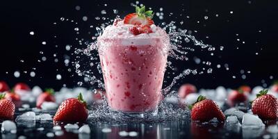 Refreshing strawberry shake splashes with ice and fresh berries on a dark background photo