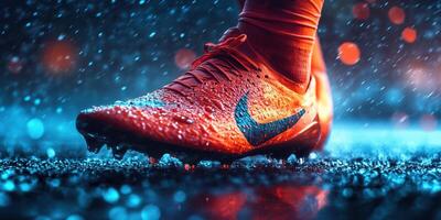 Vibrant soccer cleat shines in rainy conditions during a night match under bright lights photo